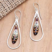 Garnet dangle earrings, 'Fine Feathers' - Hand-Painted Garnet Dangle Earrings