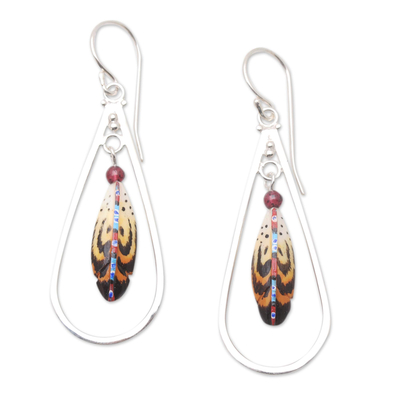 Garnet dangle earrings, 'Fine Feathers' - Hand-Painted Garnet Dangle Earrings
