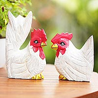 Wood statuettes, 'Rooster and Hen' (pair) - Albesia Wood Chicken Statuettes from Bali (Pair)