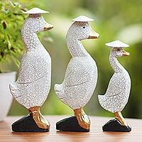 Albesia wood sculptures, 'Hatted Ducks' (set of 3)