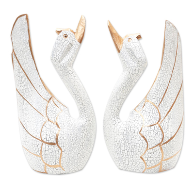 Hand Made Albesia Wood Swan Statuettes (Pair)