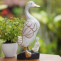 Wood statuette, 'Duckling Dreams' - Crackled Finish Albesia Wood Duckling Statuette