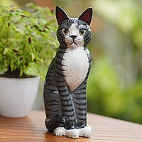 Wood statuette, 'Mellow Friend' - Artisan Crafted Albesia Wood Cat Statuette