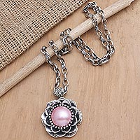 Cultured pearl pendant necklace, 'Rose Lotus' - Sterling Silver and Pink Cultured Pearl Pendant Necklace