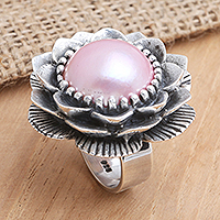 Cultured pearl cocktail ring, 'Pink Flora' - Pink Mabe Pearl and Sterling Silver Cocktail Ring