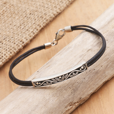 Leather and sterling silver pendant bracelet, 'Flowering Plant' - Leather Bracelet with Sterling Silver Pendant