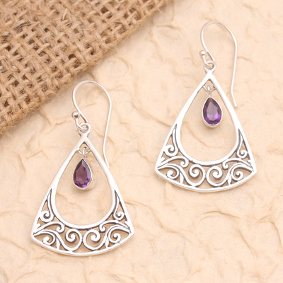Amethyst dangle earrings, 'Winter Stone' - Amethyst and Sterling Silver Dangle Earring from Bali