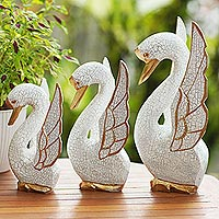 Wood statuettes, 'Graceful Trio' (set of 3) - Crackled Finish Swan Statuettes from Bali (Set of 3)