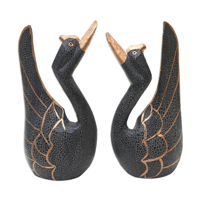 Hand Carved Albesia Wood Swan Statuettes (Pair)
