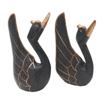 Albesia wood statuettes, 'Dark Wings' (pair) - Hand Carved Albesia Wood Swan Statuettes (Pair)
