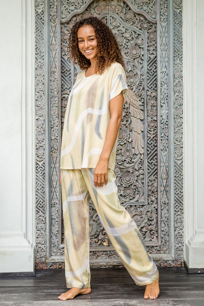 Hand-painted batik rayon pajama set, 'Kick Back' - Hand-Painted Batik Rayon Pajama Set