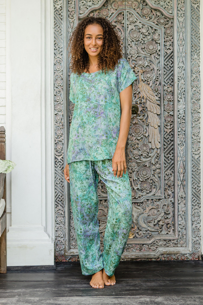Batik pajama set, 'Balinese Garden' - Hand-Stamped Pajama Set with Garden Motif