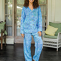 Hand-stamped rayon pajama set, 'Balinese Leaves' - Tie-Dye Rayon Pajama Set from Bali