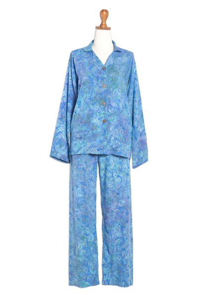 Batik pajama set, 'Balinese Leaves' - Tie-Dye Rayon Pajama Set from Bali