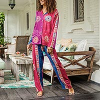 Hand-stamped rayon pajama set, 'Mandala Dreams'
