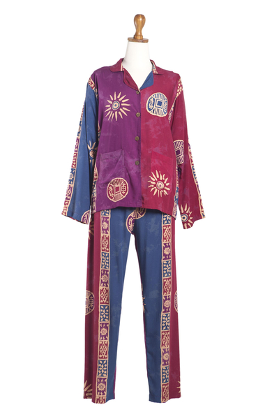 Hand-stamped rayon pajama set, 'Mandala Dreams' - Hand-Stamped Pajama Set with Mandala Motif