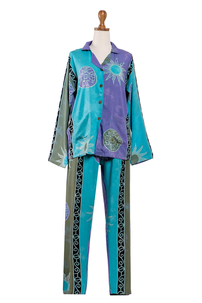 Hand-stamped batik rayon pajama set, 'Sanur Sunrise' - Long-Sleeved Batik Rayon Pajama Set