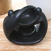 Ceramic oil warmer, 'Light in the Dark' - Black Ceramic Oil Warmer from Bali