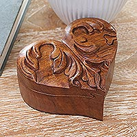 Wood puzzle box, 'Cross My Heart' - Suar Wood Heart-Motif Puzzle Box
