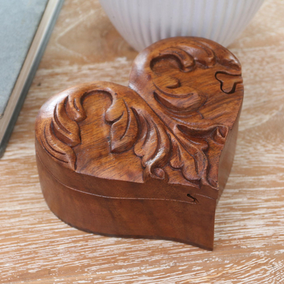 Wood puzzle box, 'Cross My Heart' - Suar Wood Heart-Motif Puzzle Box