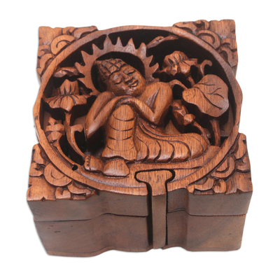 Wood puzzle box, 'Restful Buddha' - Buddha-Themed Suar Wood Puzzle Box