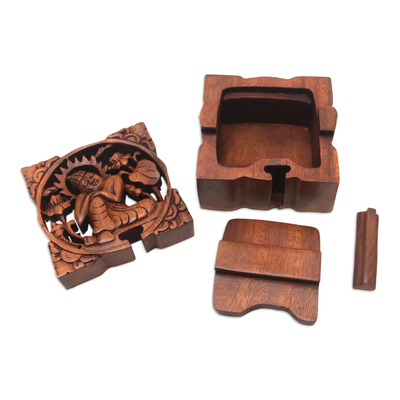 Puzzlebox aus Holz - Suar-Holz-Puzzlebox mit Buddha-Motiv