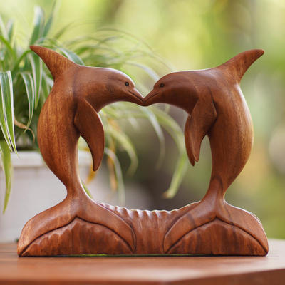 Wood sculpture, 'Lovina Dolphins' - Suar Wood Dolphin Sculpture from Bali