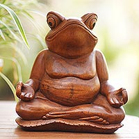 Wood sculpture, 'Meditating Frog'