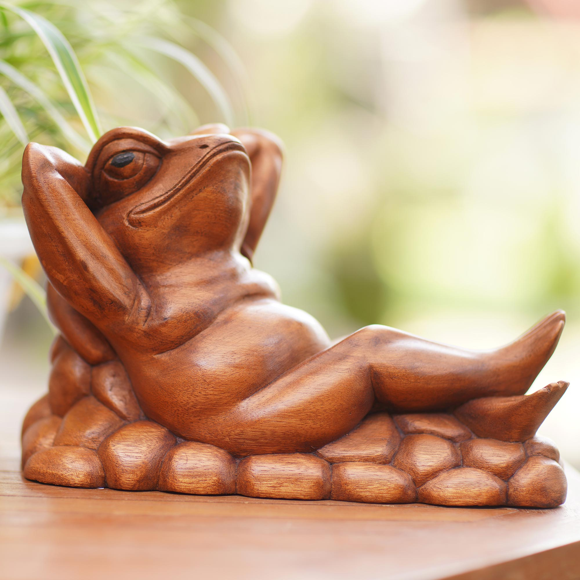 Hand Carved Suar Wood Frog Sculpture - Relaxing Frog