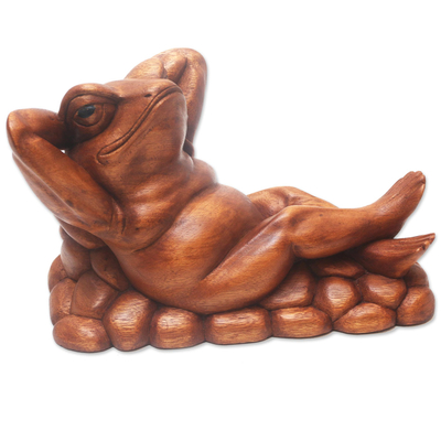 Hand Carved Suar Wood Frog Sculpture - Relaxing Frog