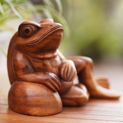 Wood sculpture, 'Chill Frog' - Artisan Crafted Suar Wood Frog Sculpture