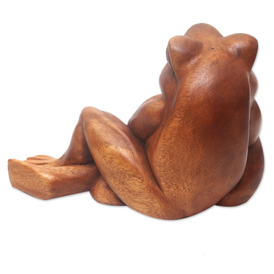 Wood sculpture, 'Chill Frog' - Artisan Crafted Suar Wood Frog Sculpture
