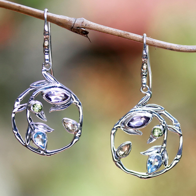 Multi-gemstone dangle earrings, 'Charming and Witty' - Amethyst and Peridot Dangle Earrings from Bali