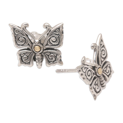 Gold-accented button earrings, 'Wings of Tomorrow' - Gold-Accented Butterfly Button Earrings