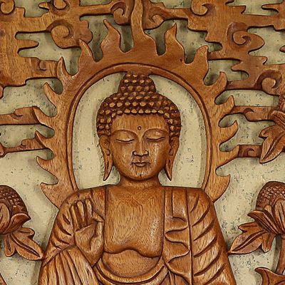 Wood relief panel, 'Buddha's Protection' - Hand Carved Buddha-Themed Relief Panel