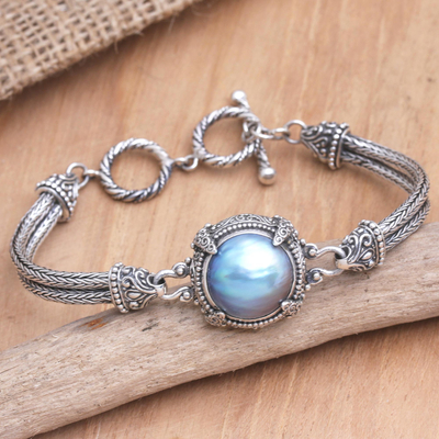 Cultured pearl pendant bracelet, 'Royal Treasure' - Cultured Pearl and Sterling Silver Bracelet