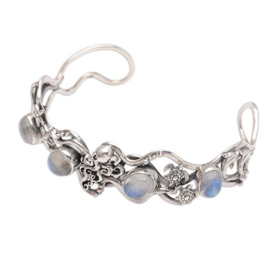 Rainbow moonstone cuff bracelet, 'Sea Shanty' - Rainbow Moonstone and Sterling Silver Cuff Bracelet