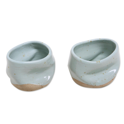 Ceramic teacups, 'Blue Squeeze' (pair) - Handmade Ceramic Teacups from Java (Pair)