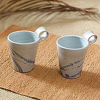 Tazas de cerámica, 'Piping Hot' (par) - Tazas de cerámica artesanales de Java (par)