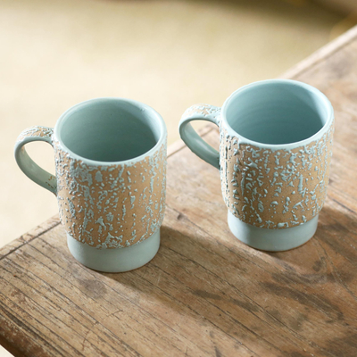 Ceramic mugs, 'Sea Foam' (pair) - Ceramic Mugs with Rustic Finish (Pair)