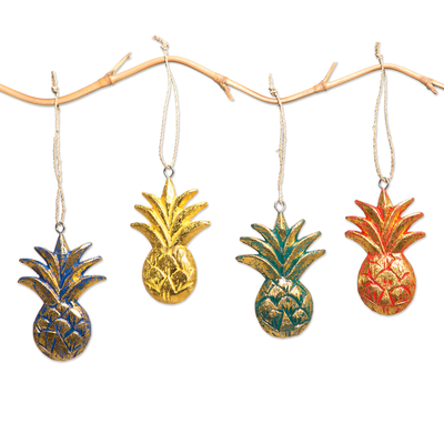 Wood holiday ornaments, 'Tropical Holiday' (Set of 4) - Wood Pineapple Holiday Ornaments from Bali (Set of 4)