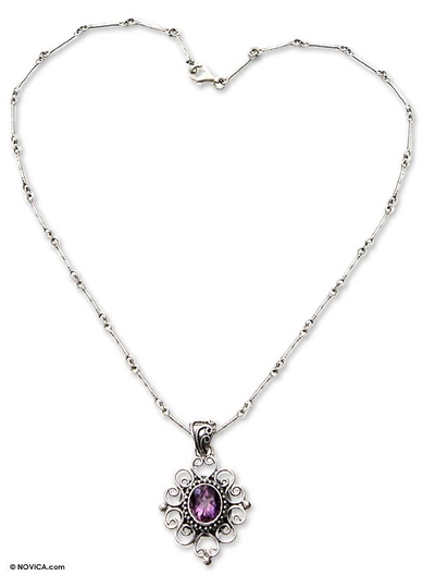 Amethyst pendant necklace, 'Lilac Scroll' - Indonesian Amethyst Sterling Silver Necklace
