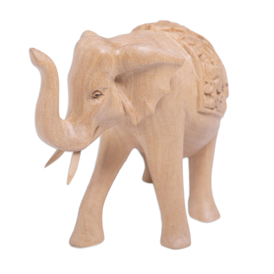 Wood statuette, 'Fortunate One' - Hand Carved Wood Elephant Statuette