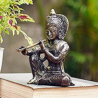 Bronze statuette, 'God's Flute' - Hand Crafted Bronze Krishna Statuette