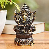 Bronze statuette, 'Ganesha's Book' - Artisan Crafted Bronze Ganesha Statuette