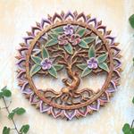 Wood relief panel, 'Tree Hugger' - Suar Wood Relief Panel with Tree Motif