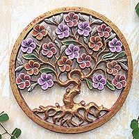 Wood relief panel, 'Flowering Shimmer' - Artisan Crafted Suar Wood Relief Panel