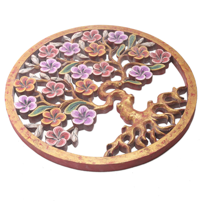 Wood relief panel, 'Flowering Shimmer' - Artisan Crafted Suar Wood Relief Panel