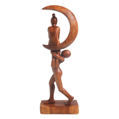 Wood sculpture, 'Fly Me to the Moon' - Hand Made Suar Wood Figure Sculpture