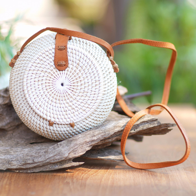 Batik bamboo sling bag, 'Rally Round in White' - Woven Bamboo Sling Bag from Bali